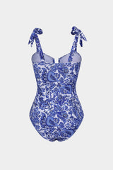 Retro Print V-Neck Tie-Up One-Piece Swimsuit