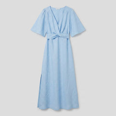 Aqua Maxi Dress | Linen, Adjustable Fit, Elbow-Length Sleeves