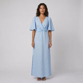 Aqua Maxi Dress | Linen, Adjustable Fit, Elbow-Length Sleeves