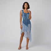 Bella | Denim Dress Lace-Trimmed, Asymmetrical Hem