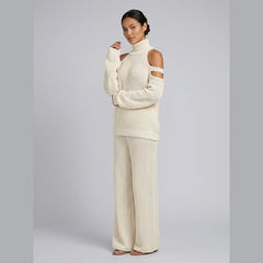 Bella | Women's Knit Set Cold-Shoulder Turtleneck, Wide-Leg Pants, Knitted Loungewear
