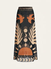 Breezy | Bird Print Maxi Skirt Mesh Fabric, Regular Fit, Long Skirt for Women