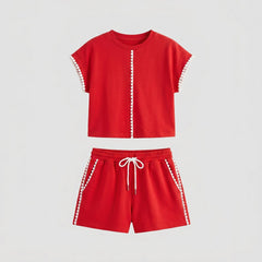 Cora | Cotton Set Scalloped Trim Top & Drawstring Shorts