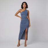 Dazzle | Midi Dress One Shoulder, Asymmetrical Cut-Out, Denim