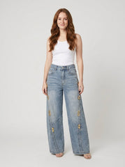 Dazzle | Wide Leg Jeans Denim with Metallic Decor