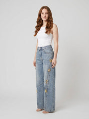 Dazzle | Wide Leg Jeans Denim with Metallic Decor