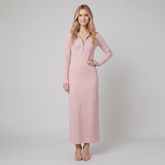 Elegant Retro Sporty V-neck Front Zipper Long-sleeved Pink Maxi Dress