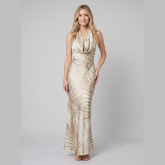 Elysia Maxi Dress | Tropical Satin, Lace-Up Back, Curve-Skimming Silhouette