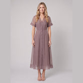 Elysia Midi Dress | Organza A-Line, Button Closure for Weddings and Cocktail Events