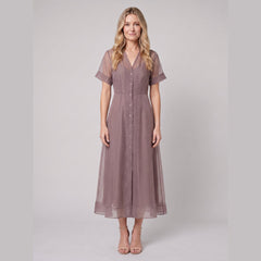 Elysia Midi Dress | Organza A-Line, Button Closure for Weddings and Cocktail Events