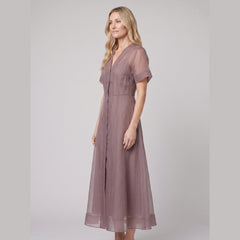 Elysia Midi Dress | Organza A-Line, Button Closure for Weddings and Cocktail Events