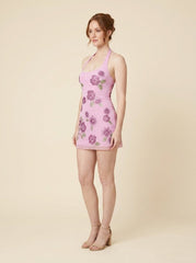 Gala Mini Dress | Embellished Floral Mesh, Adjustable Halterneck