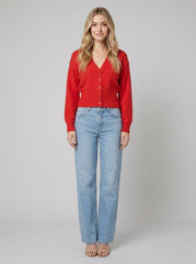 Jara Oversized Cardigan | Red Knit, Button Front V-Neck
