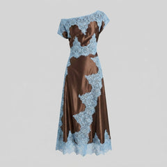 Lace | Satin Maxi Dress Asymmetrical Neckline, Elegant Wedding Guest Dress