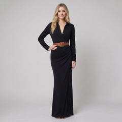 Luna | Long Sleeve Maxi Dress Lapel Collar, Belted Elegance