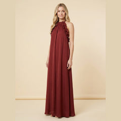 Luna | Maxi Dress Silk Effect, Halter Neck, Flounce Trim