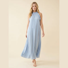 Luna | Maxi Dress Silk Effect, Halter Neck, Flounce Trim