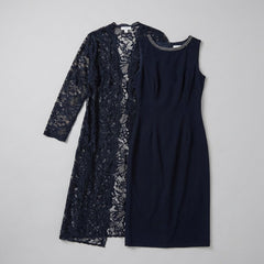 Maya Sheath Dress | Lace Duster Jacket, Beaded Neckline, Formal Wedding Guest Dress
