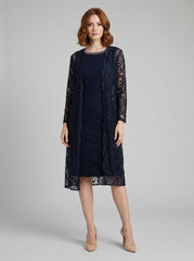 Maya Sheath Dress | Lace Duster Jacket, Beaded Neckline, Formal Wedding Guest Dress