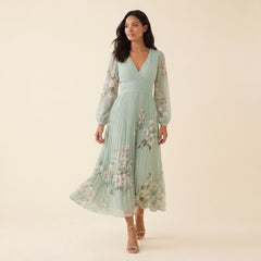 Mira | Floral Midi Dress Lightweight, Pleated Skirt for Women