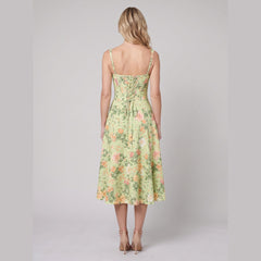 Mira Floral Midi Dress | Cotton, Corset-Inspired, High Slit, Wedding Guest & Summer Dresses