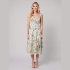 Mira Floral Midi Dress | Cotton, Corset-Inspired, High Slit, Wedding Guest & Summer Dresses