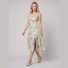 Mira Floral Midi Dress | Cotton, Corset-Inspired, High Slit, Wedding Guest & Summer Dresses