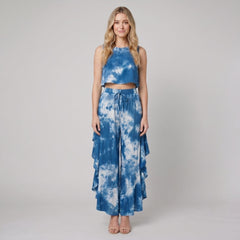 Mira | Women's Set Tie-Dye Loungewear, Sleeveless Blouse & Ruffled Wide-Leg Pants