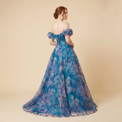 Naiad | Gown Translucent Turquoise Organza, Corseted Bodice, Formal Dress for Wedding Guests