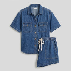 Olivia | Women's Set Organic Cotton Blend, Button-Down Top & Drawstring Shorts