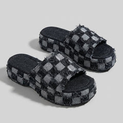 Riley | Denim Slides Organic Cotton, Checkerboard Pattern