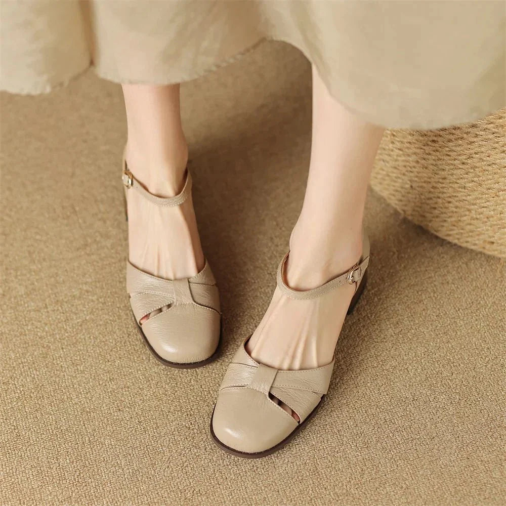 Felice | Leather Braided Ankle Strap Mid Heel Pumps