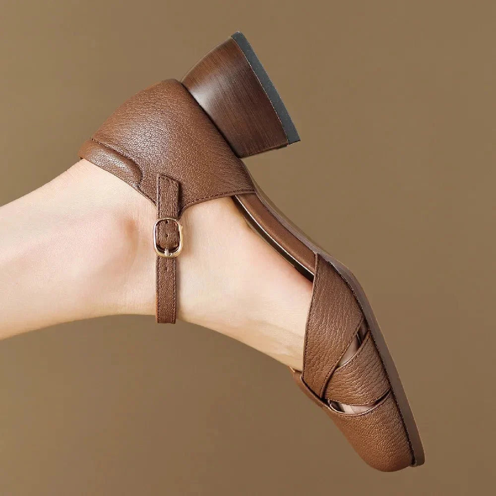 Felice | Leather Braided Ankle Strap Mid Heel Pumps