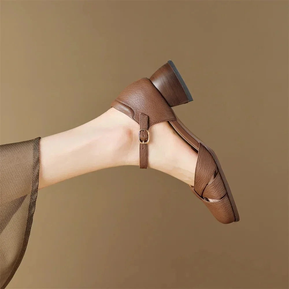 Felice | Leather Braided Ankle Strap Mid Heel Pumps