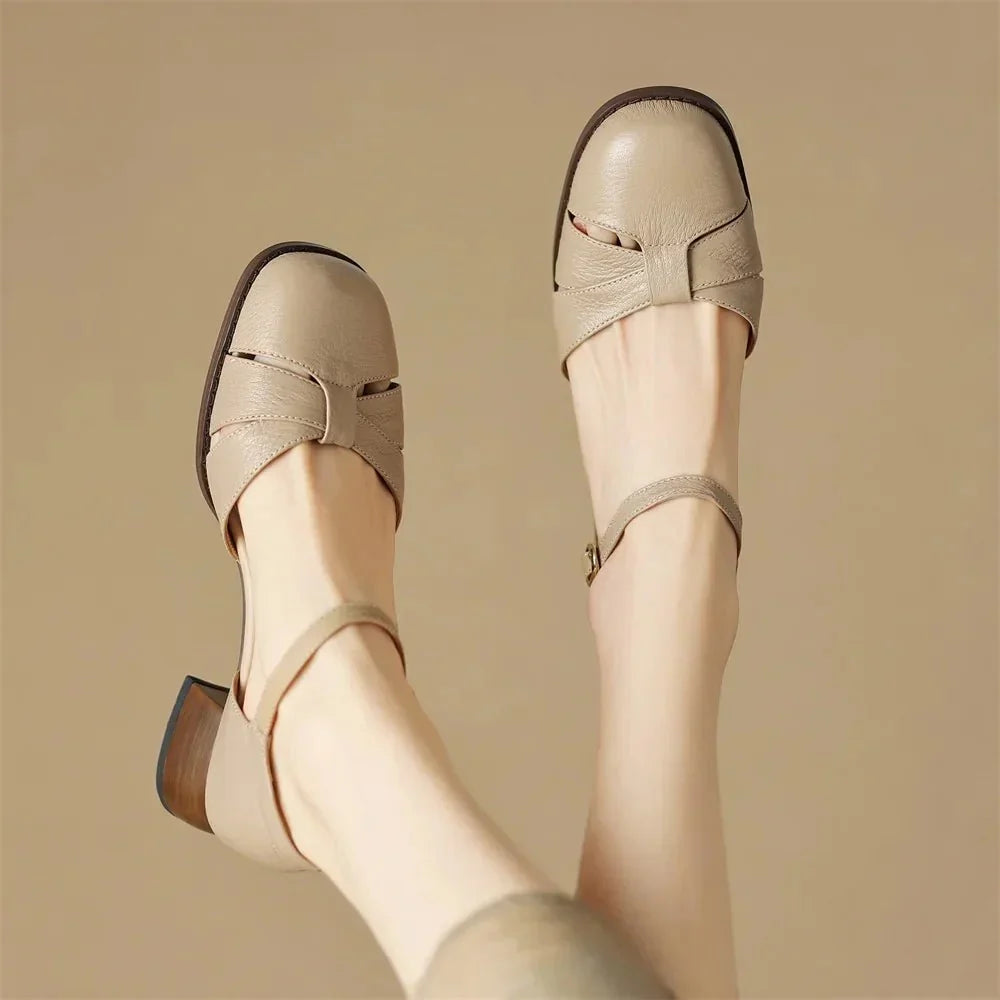 Felice | Leather Braided Ankle Strap Mid Heel Pumps