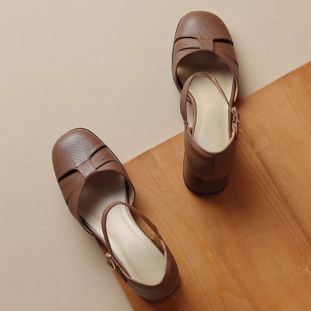 Felice | Leather Braided Ankle Strap Mid Heel Pumps