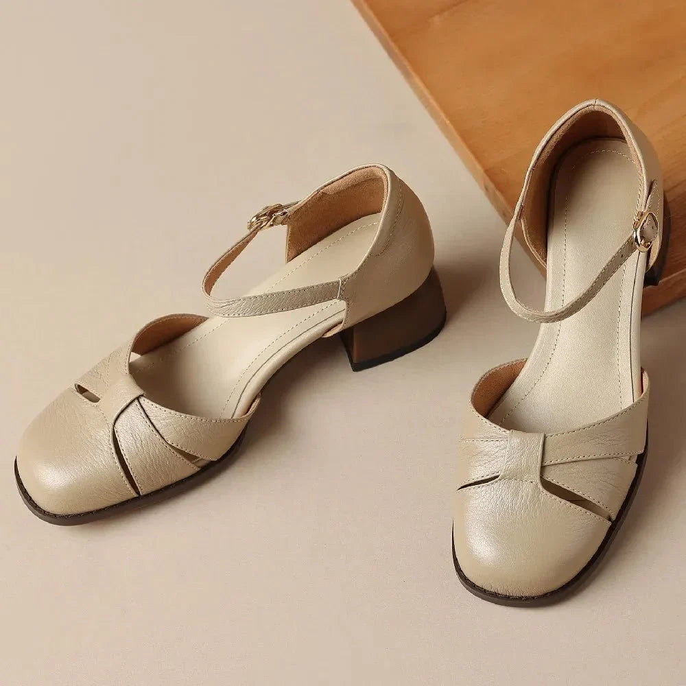 Felice | Leather Braided Ankle Strap Mid Heel Pumps