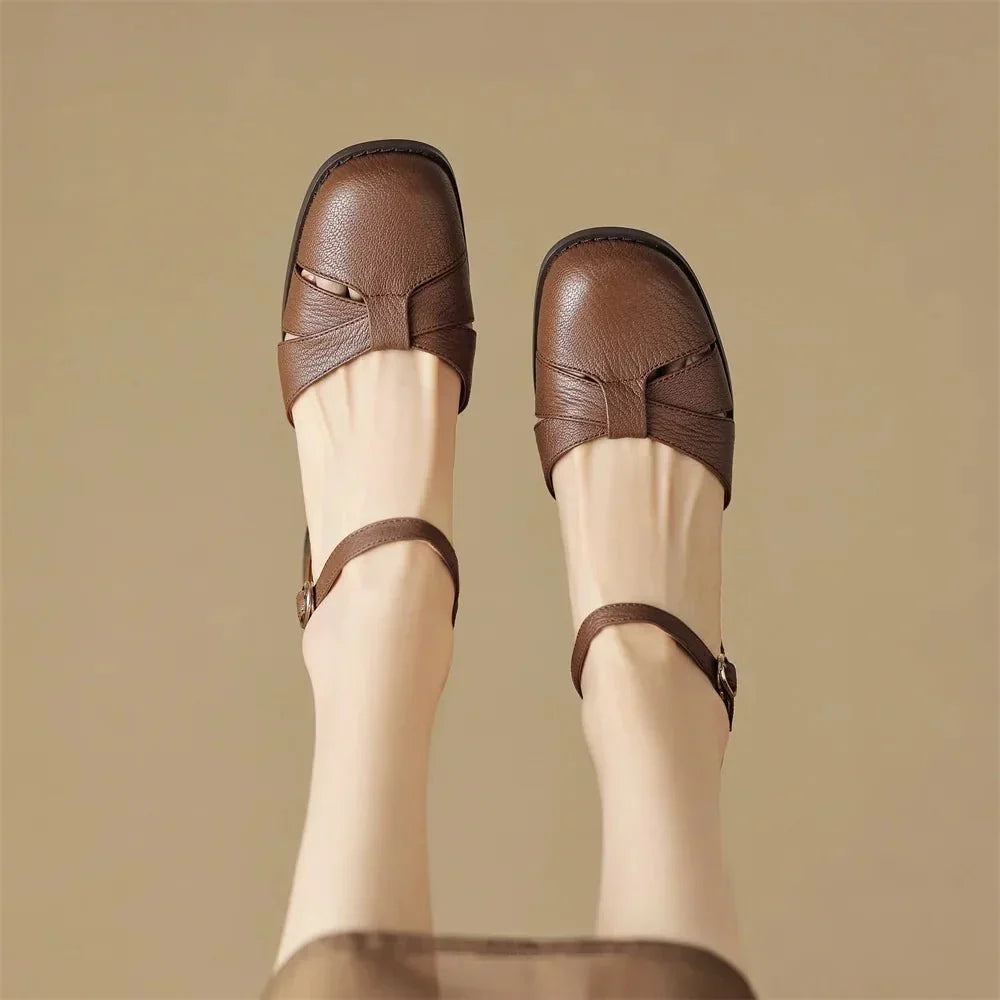 Felice | Leather Braided Ankle Strap Mid Heel Pumps