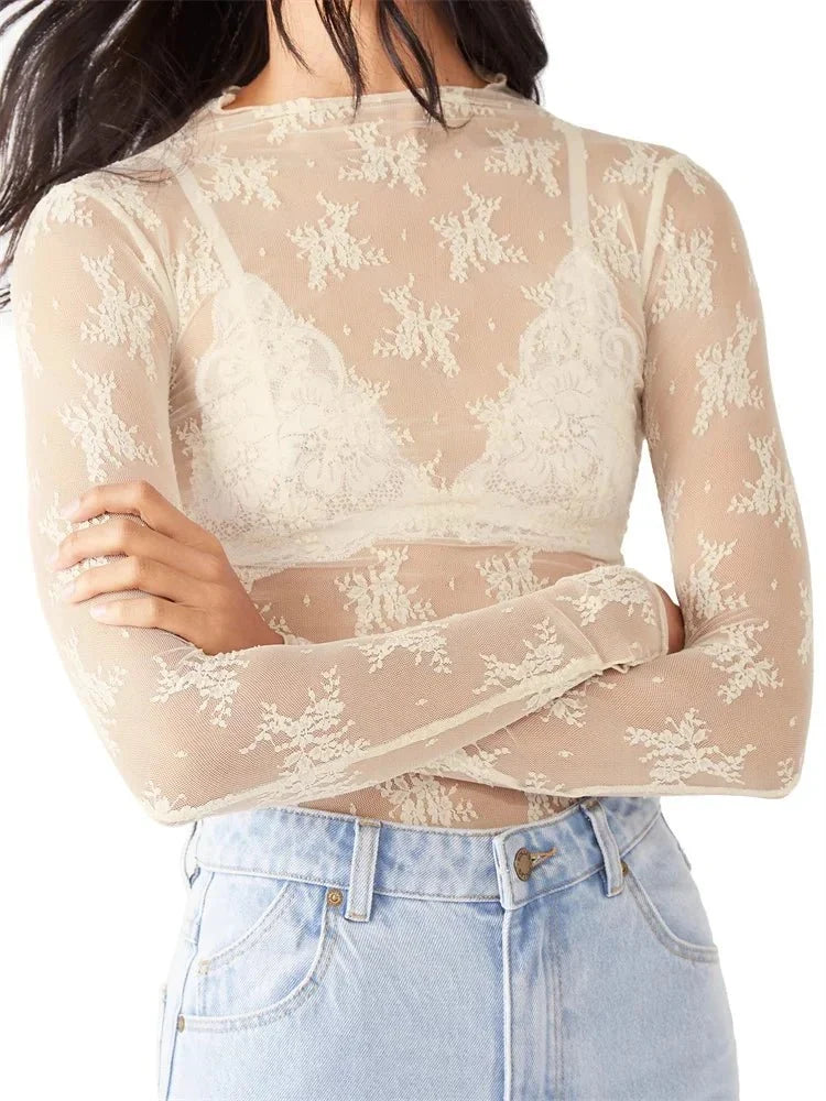 Liana Floral Lace Top | High-Neck, Mesh Design