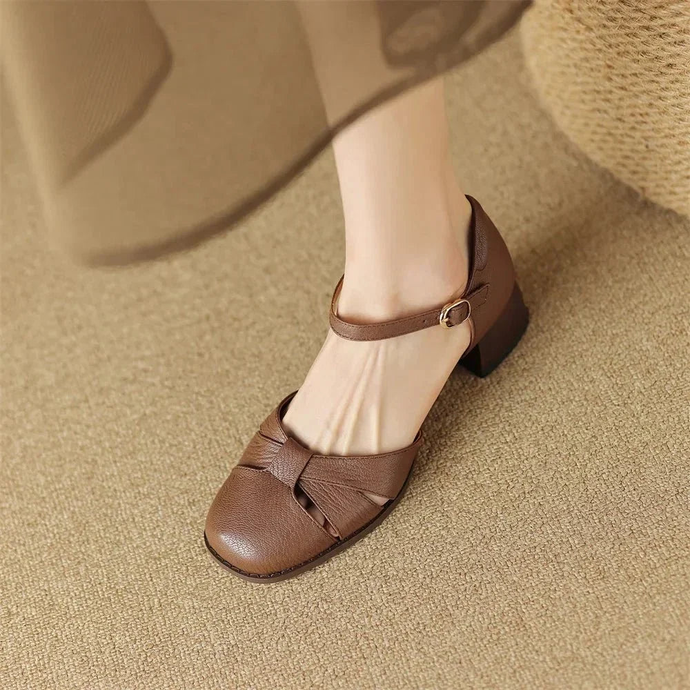 Felice | Leather Braided Ankle Strap Mid Heel Pumps