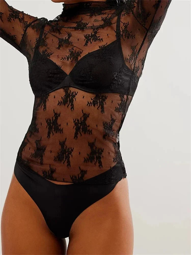 Liana Floral Lace Top | High-Neck, Mesh Design