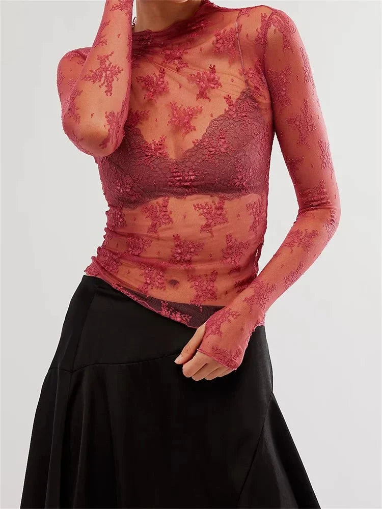 Liana Floral Lace Top | High-Neck, Mesh Design