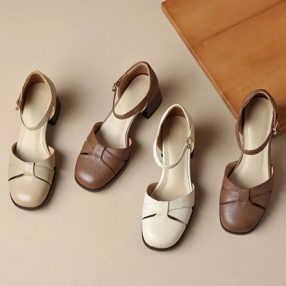 Felice | Leather Braided Ankle Strap Mid Heel Pumps