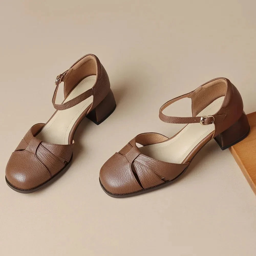 Felice | Leather Braided Ankle Strap Mid Heel Pumps