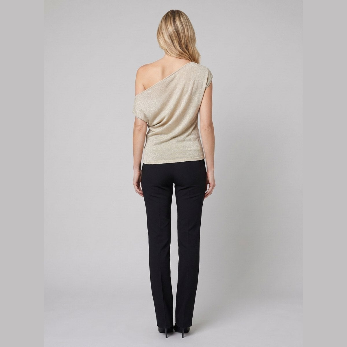 Cleo Metallic Knit Top | Off-Shoulder Gold, Fitted Silhouette