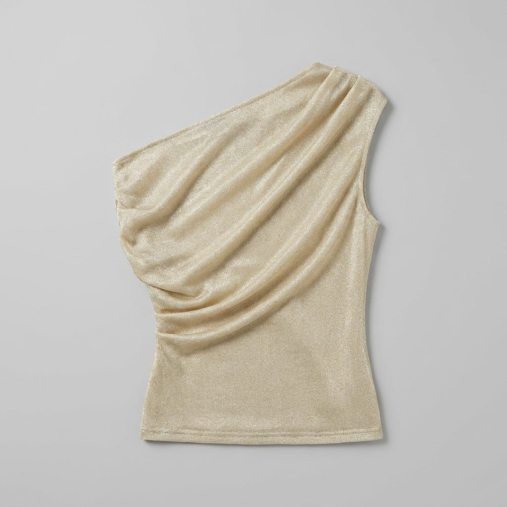 Cleo Metallic Knit Top | Off-Shoulder Gold, Fitted Silhouette