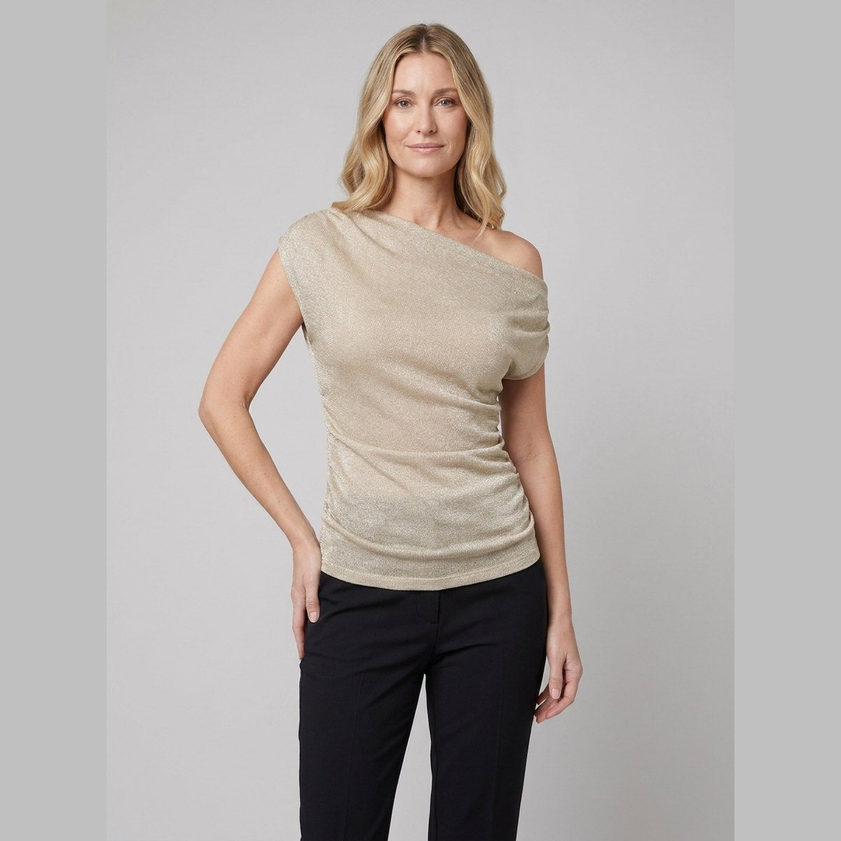 Cleo Metallic Knit Top | Off-Shoulder Gold, Fitted Silhouette