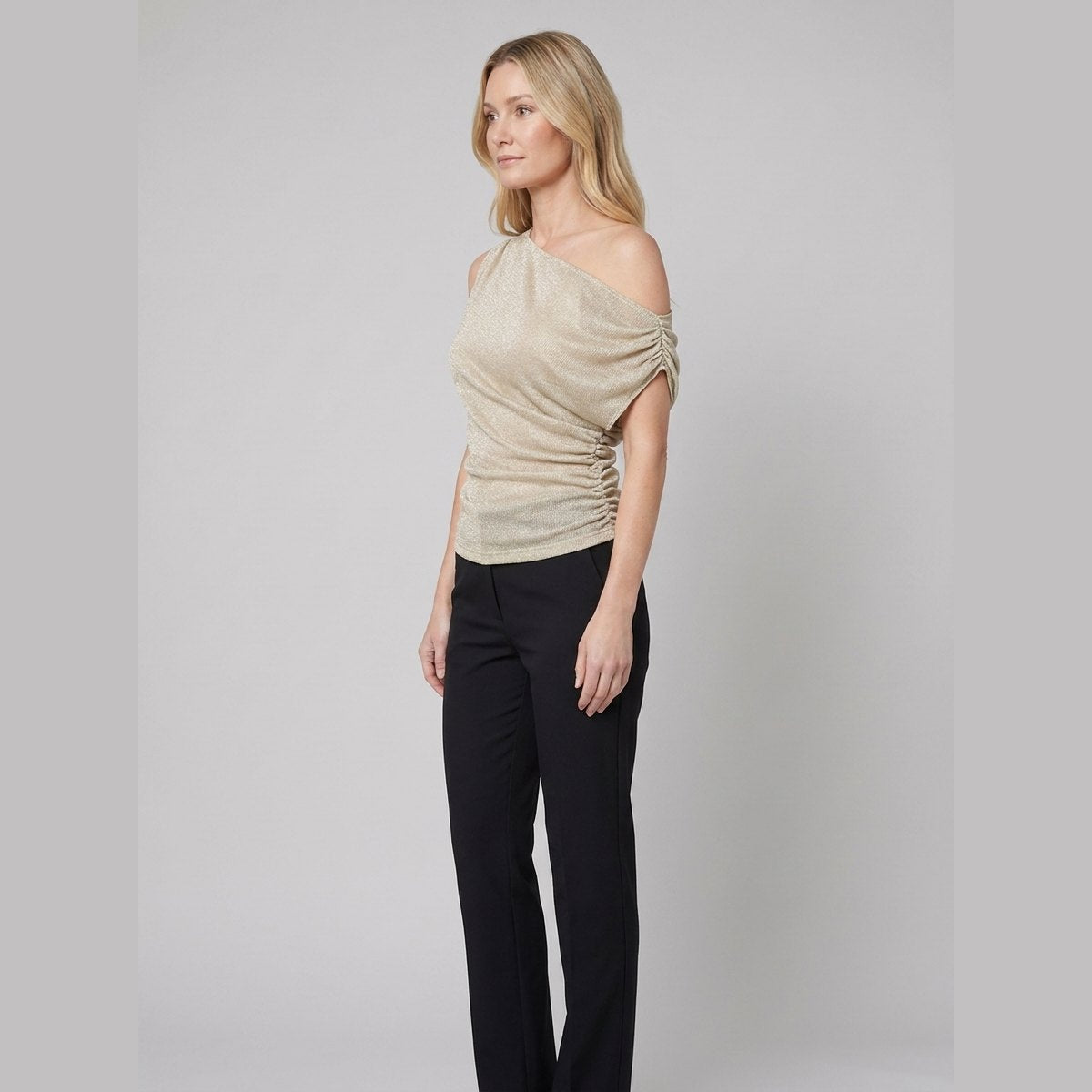 Cleo Metallic Knit Top | Off-Shoulder Gold, Fitted Silhouette