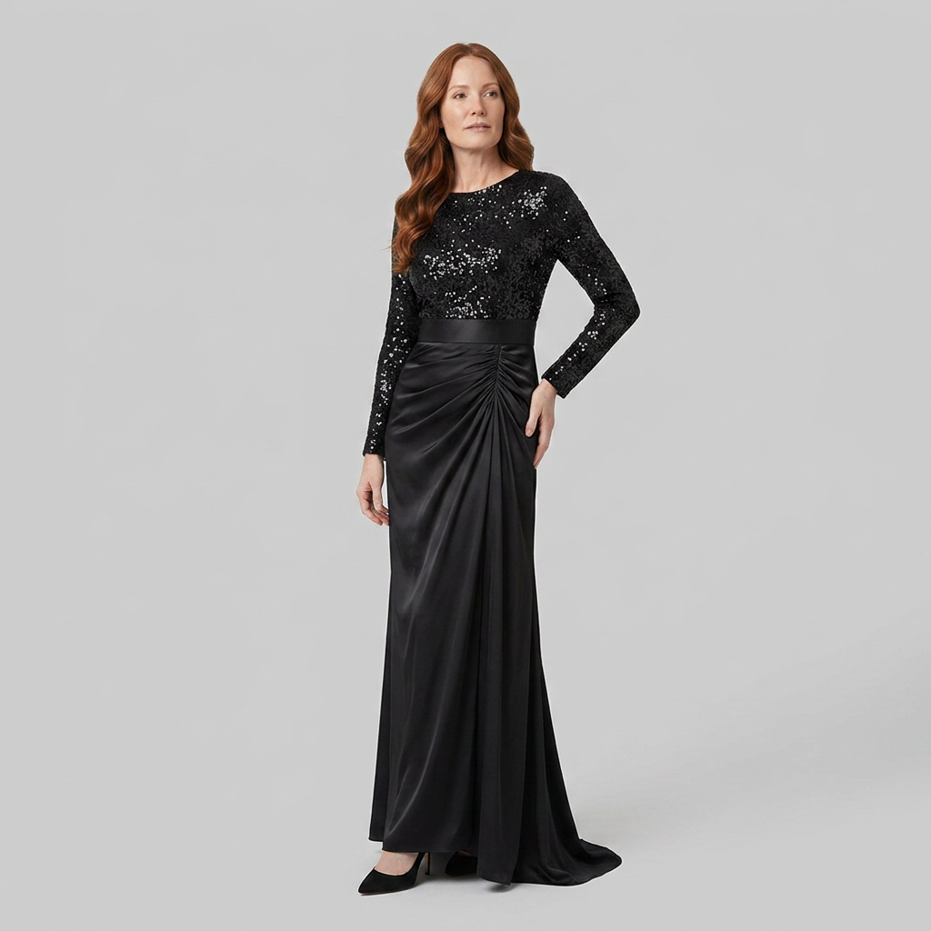 Serena Maxi Dress | Sequin Spliced, Long Sleeves, Elegant Floor-Length