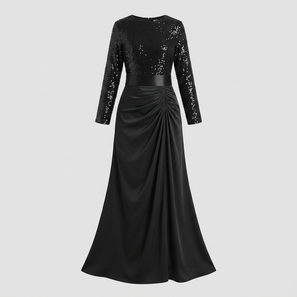 Serena Maxi Dress | Sequin Spliced, Long Sleeves, Elegant Floor-Length